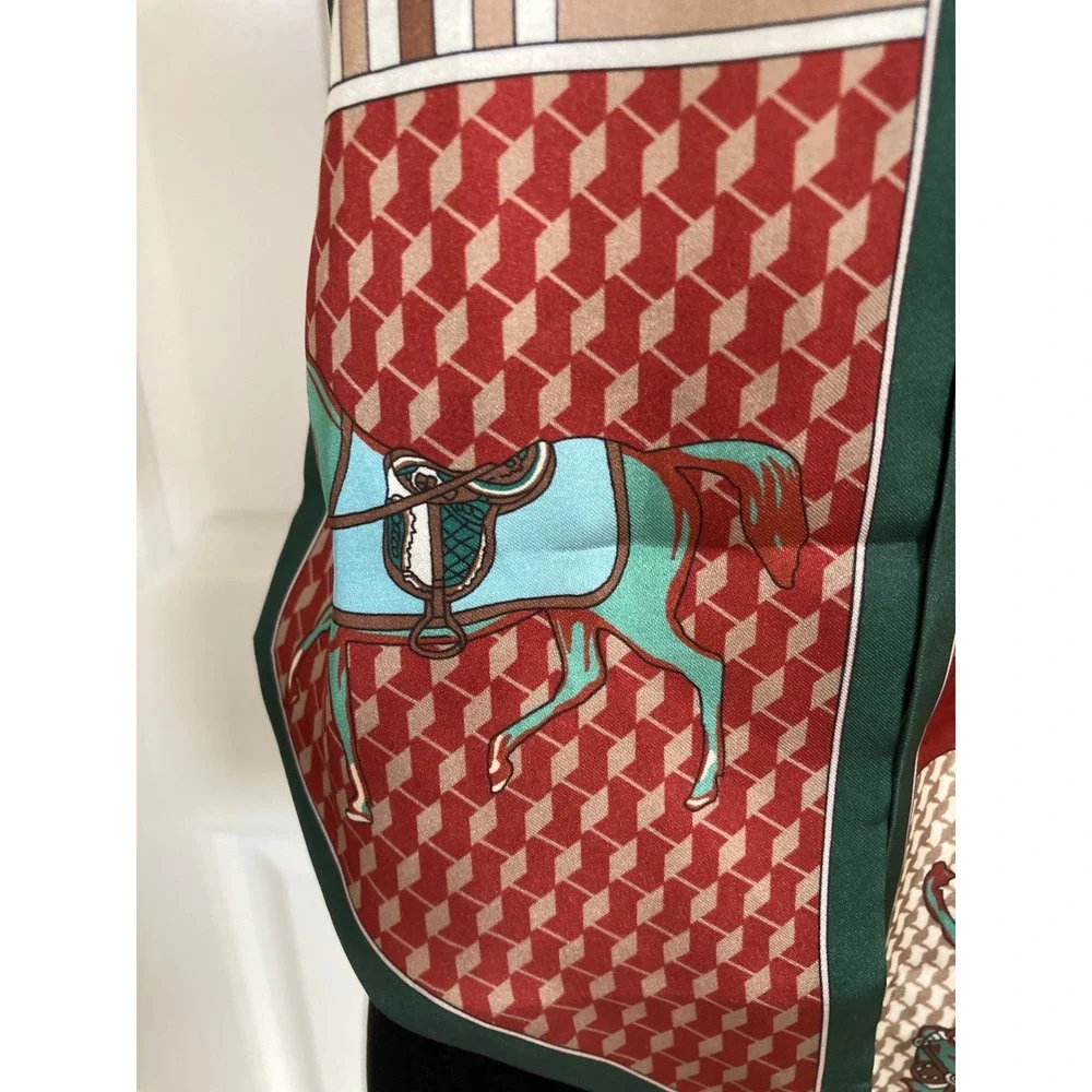 Equestrian Horse Print Skinny Scarf Red Green Patchwork Twilly Handbag Ribbon
